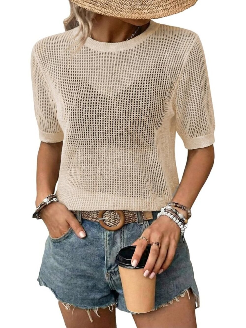 Women Solid Summer Short Hollow Out Floral Sweaters Beach Vacation Cruise Tops